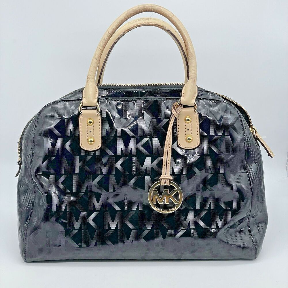 MICHAEL Michael Kors Signature Patent Leather Satchel Black Zip Closure Dome